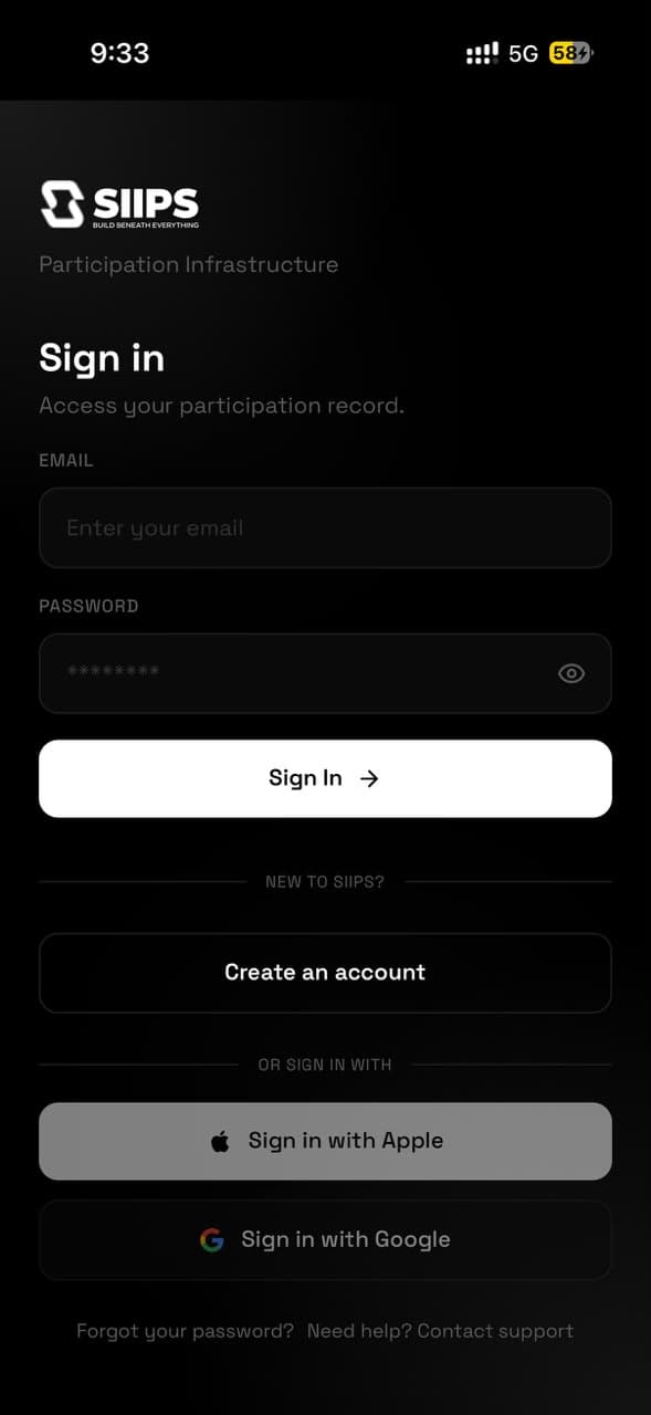 SIIPs mobile application sign-in screen