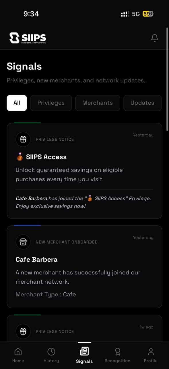 SIIPs signals feed showing privileges and new network merchants